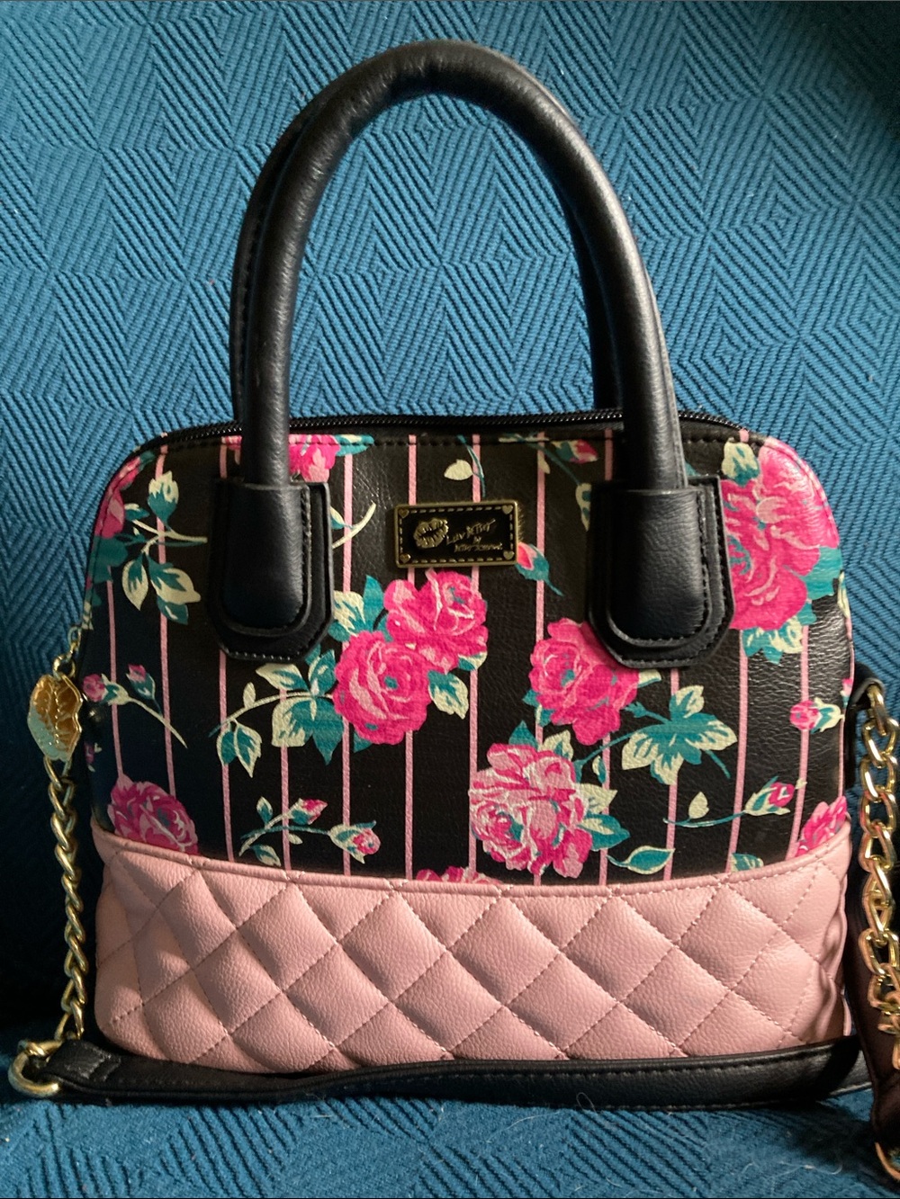 BETSEY JOHNSON black floral & quilted bag
